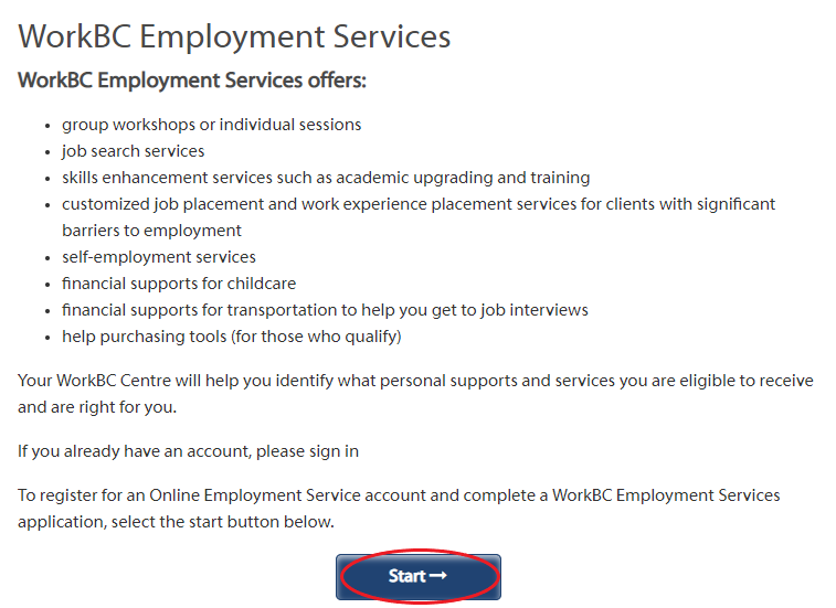 Start your WorkBC Application screen shot